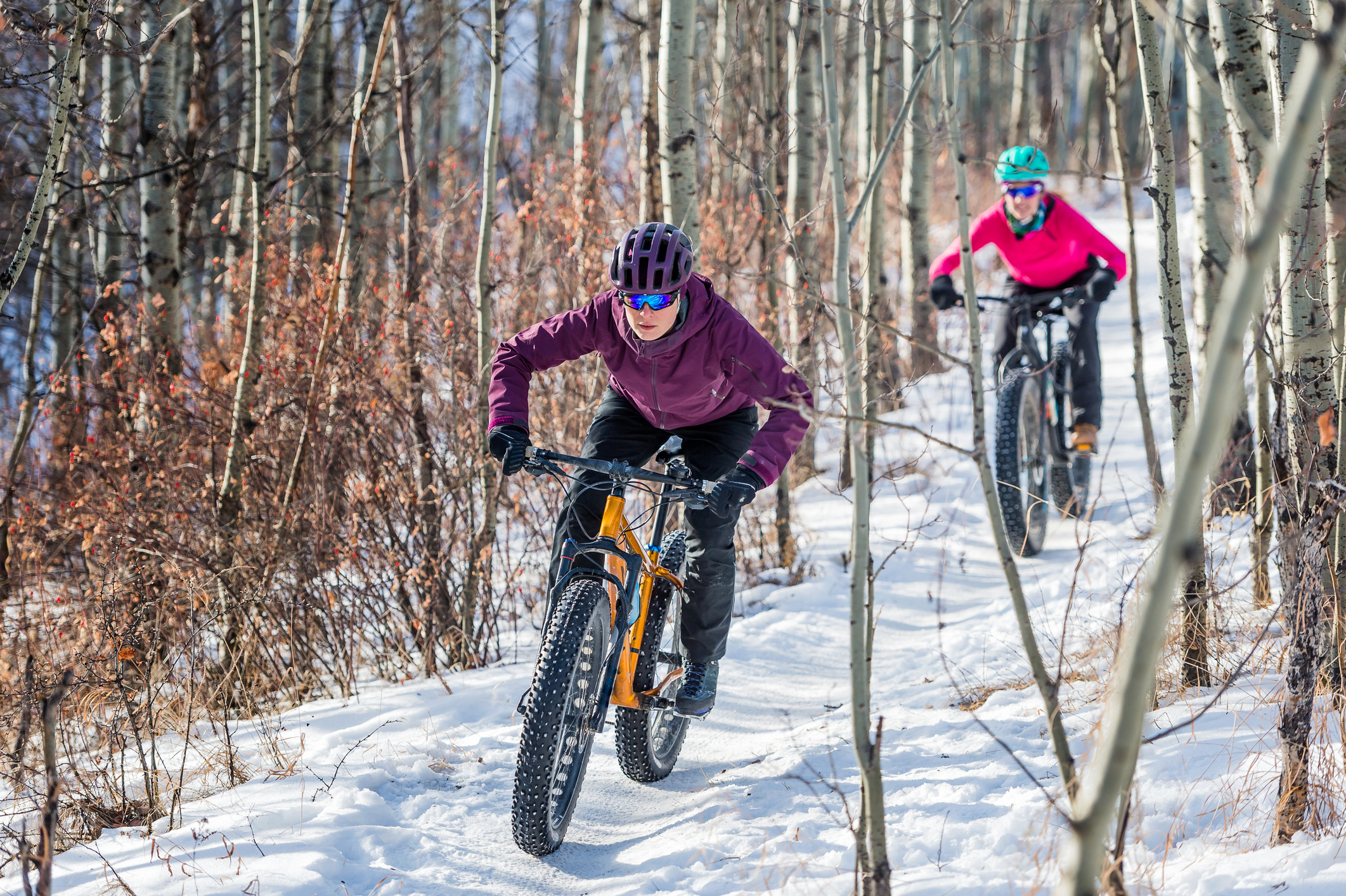 Dvě ženy jedou na kole v zimě ve sněhu